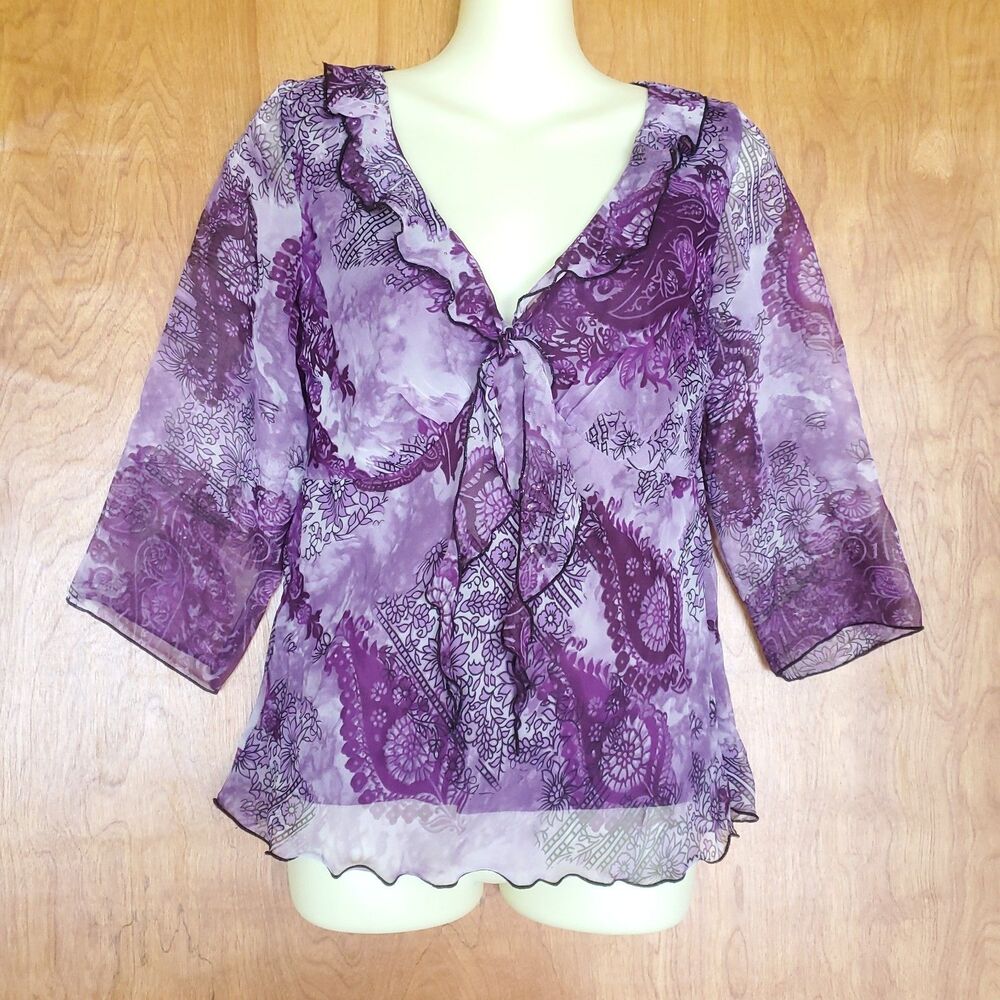 Y2K Purple Fairy Top Sz M Babydoll V Neck 3/4 Sleeve Coquette Boho Ethereal